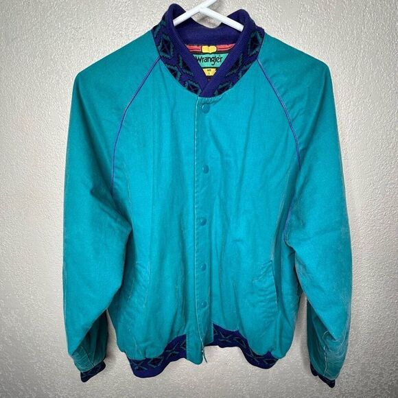 VTG 90s Wrangler Brush Popper Turquoise Button Down Jacket Coat Medium Aztec Blu - Picture 2 of 5